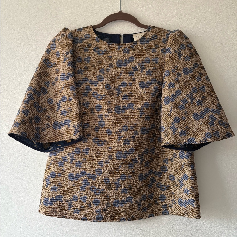 Sézane Floral Crew Neck Puff Sleeve Blouse